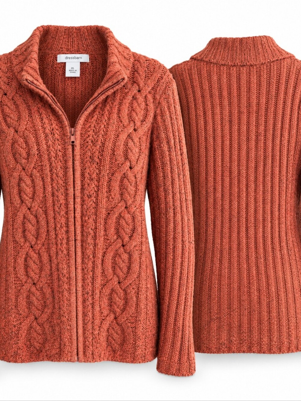 Dressbarn XL Rust Orange Cable Knit Zip Wool Blend Sweater Cottagecore Coastal